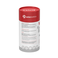 Velo16 Probiotics supplement bottle featuring patented microencapsulated probiotics and magnesium glycinate for muscle, nerve, and gut health.