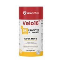 Velo16 Probiotics Vitamin D3 supplement bottle with 16 strains and patented probiotics for gut health and immune support