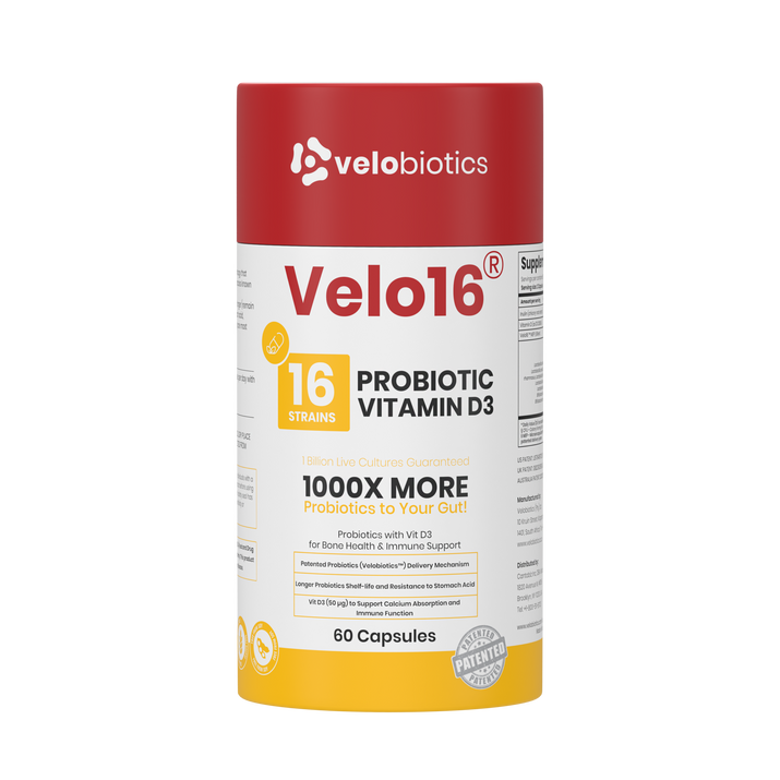 Velo16 Probiotics Vitamin D3 supplement bottle with 16 strains and patented probiotics for gut health and immune support