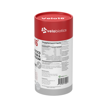 Velo16 Probiotics supplement bottle with Calcium, Magnesium, Vitamin D3, Zinc, and patented microencapsulated probiotics for gut and bone health support