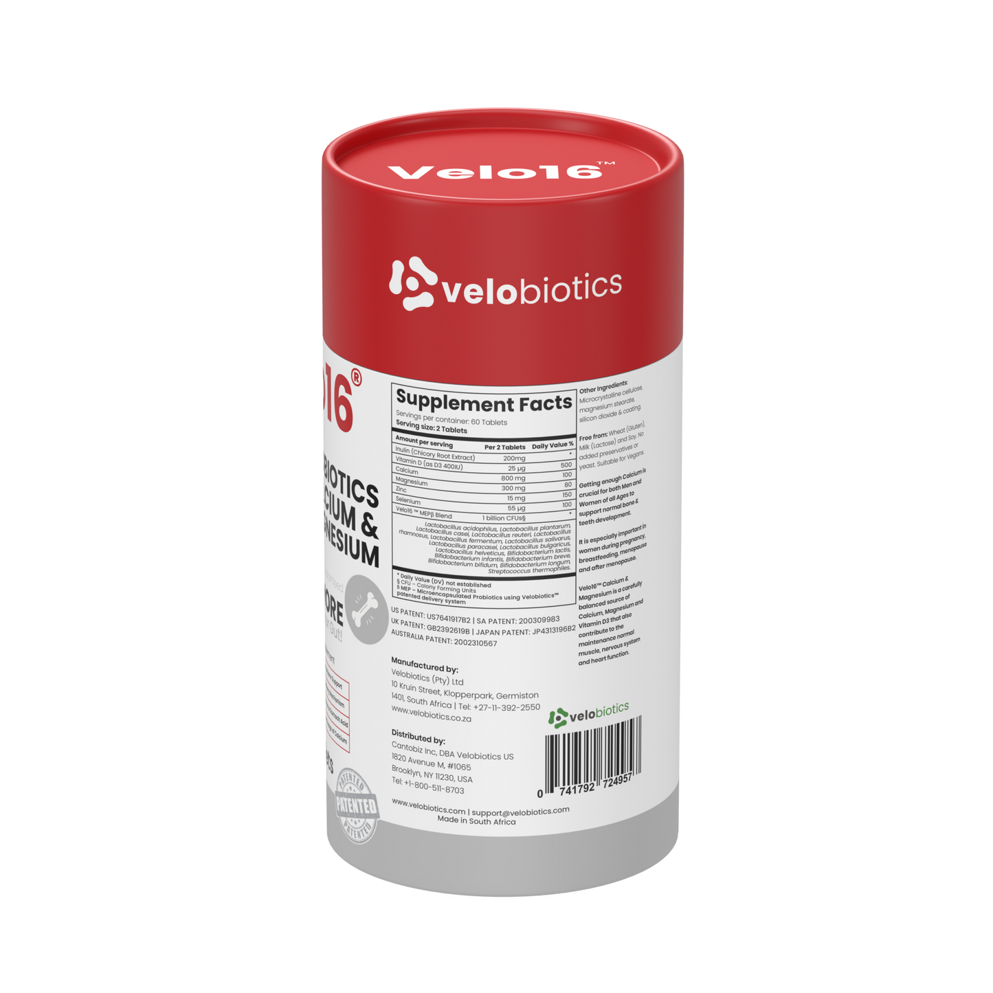 Velo16 Probiotics supplement bottle with Calcium, Magnesium, Vitamin D3, Zinc, and patented microencapsulated probiotics for gut and bone health support