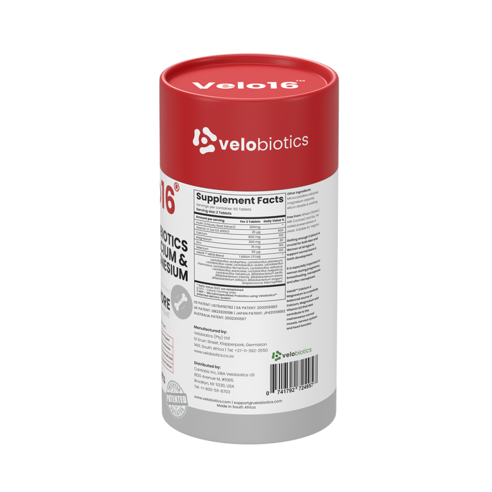 Velo16 Probiotics supplement bottle with Calcium, Magnesium, Vitamin D3, Zinc, and patented microencapsulated probiotics for gut and bone health support