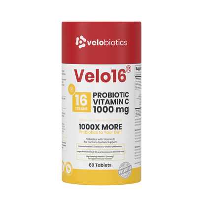 Velo16 Probiotics Vitamin C supplement container with 16 strains probiotics and 1000mg Vitamin C for immune and gut health support, 60 tablets.