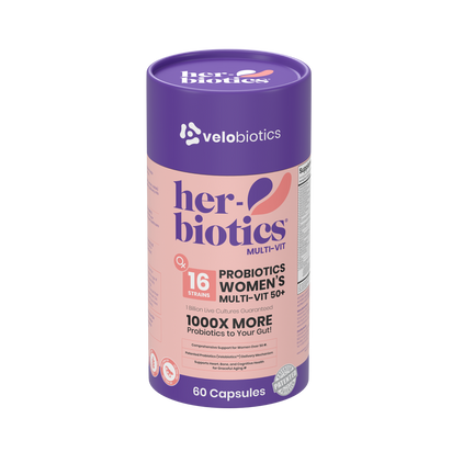 Her-Biotics Probiotics Women's Multi-Vitamin 50+ supplement with 16 probiotic strains for menopause support and healthy aging