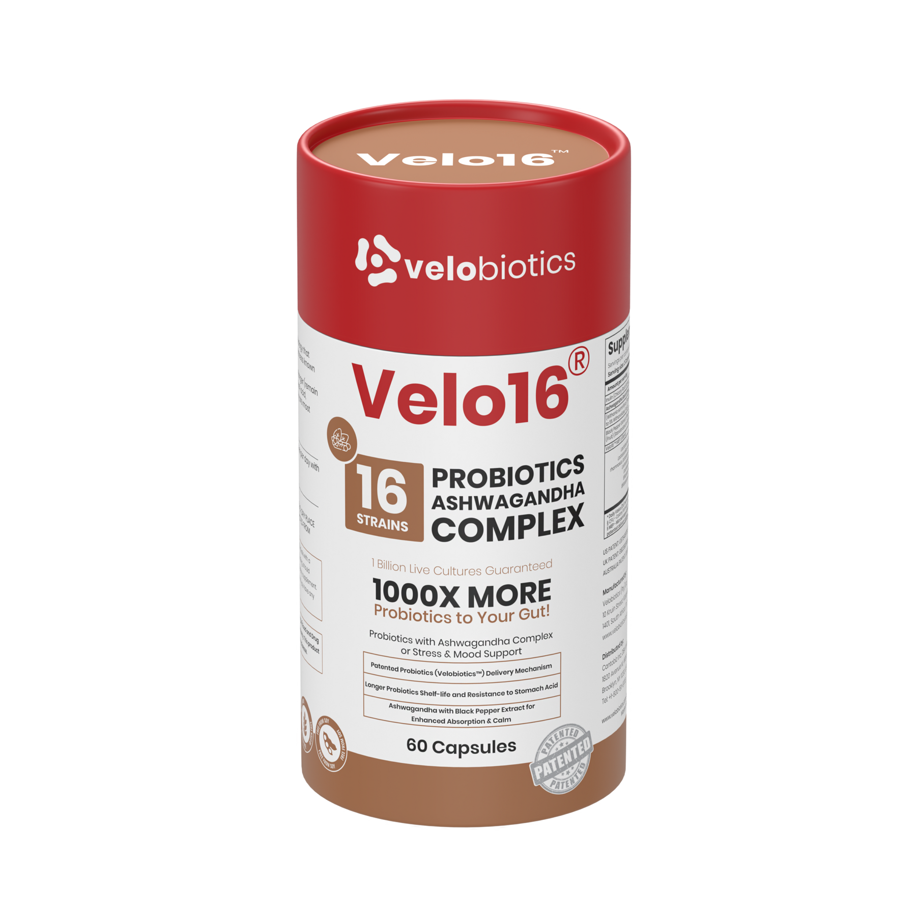 Velo16 Probiotics + Ashwagandha capsules supplement with 16-strain probiotic blend, zinc, and prebiotic fiber for gut health, immunity, and skin support.