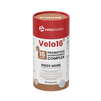 Velo16 Probiotics + Ashwagandha capsules supplement with 16-strain probiotic blend, zinc, and prebiotic fiber for gut health, immunity, and skin support.