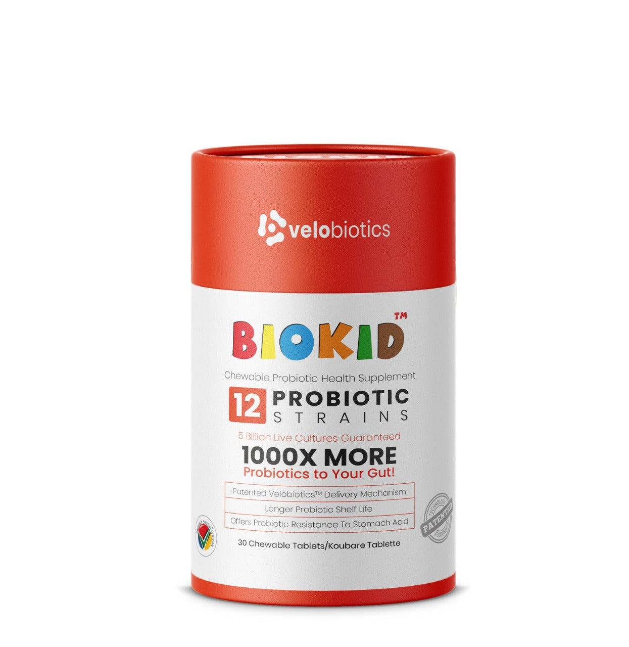 GutScribe BioKid chewable probiotic tablets for children with 12 strains and Velobiotics technology for gut health