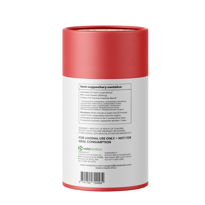 Femina™ Cookie Fresh Boric Acid Suppositories packaging with product details for intimate health.