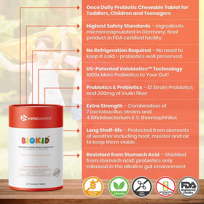 GutScribe BioKid probiotic chewable tablets for children with Velobiotics technology, 12 strains, long shelf life, no refrigeration needed, gluten-free, vegan, soy-free, FDA registered.