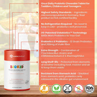 GutScribe BioKid probiotic chewable tablets for children with Velobiotics technology, 12 strains, long shelf life, no refrigeration needed, gluten-free, vegan, soy-free, FDA registered.