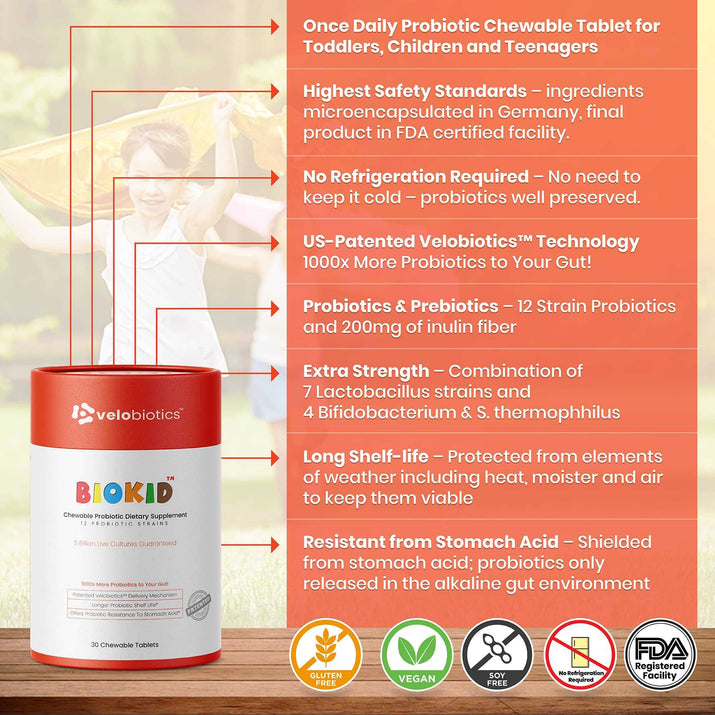 GutScribe BioKid probiotic chewable tablets for children with Velobiotics technology, 12 strains, long shelf life, no refrigeration needed, gluten-free, vegan, soy-free, FDA registered.