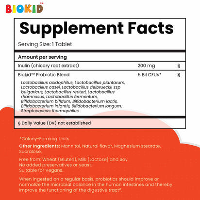 BioKid™ Probiotics Chewables supplement facts, including probiotic blend and ingredients.
