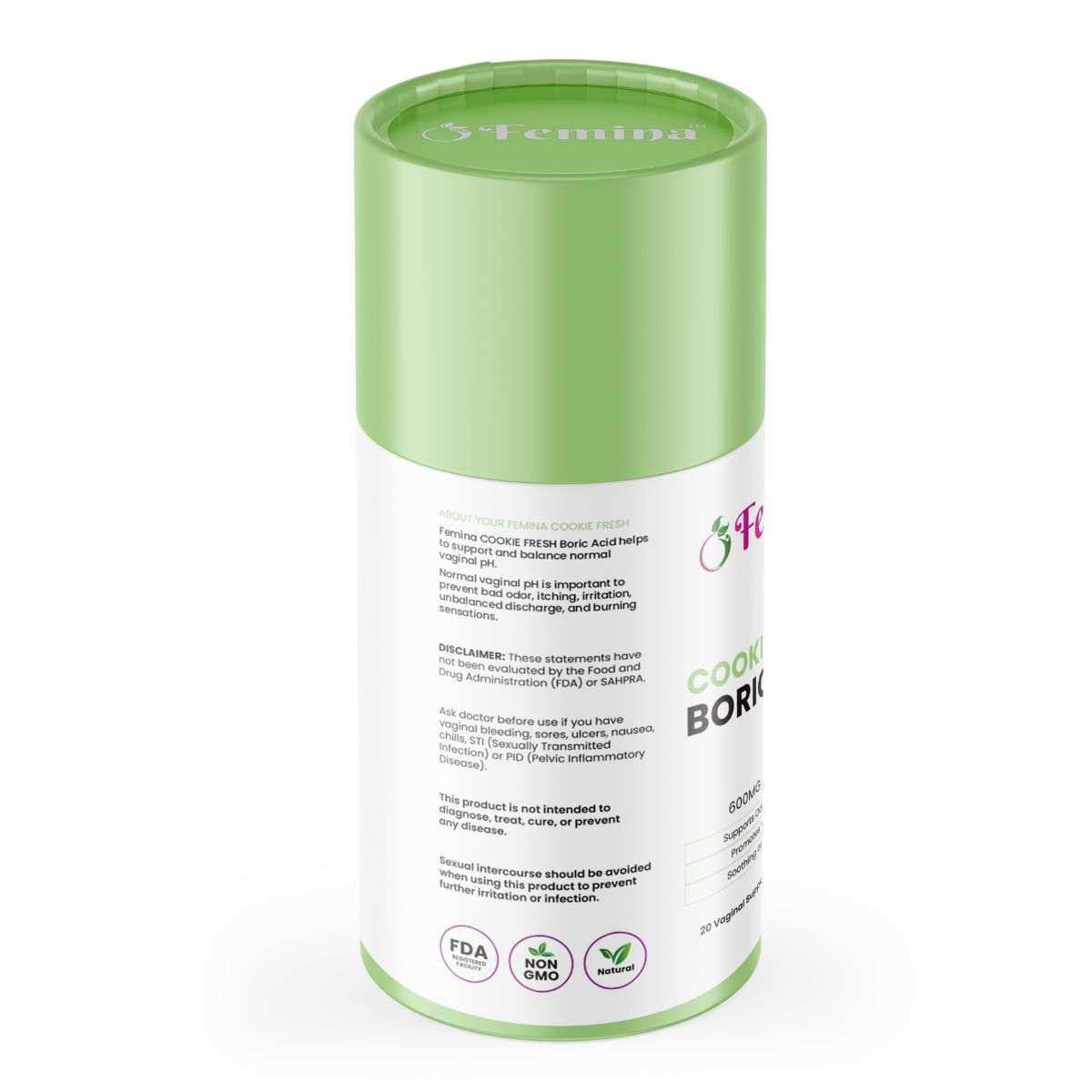 Green and white cylindrical packaging of Femina™ Cookie Fresh Boric Acid Suppositories for intimate health with FDA approved and non-GMO labels
