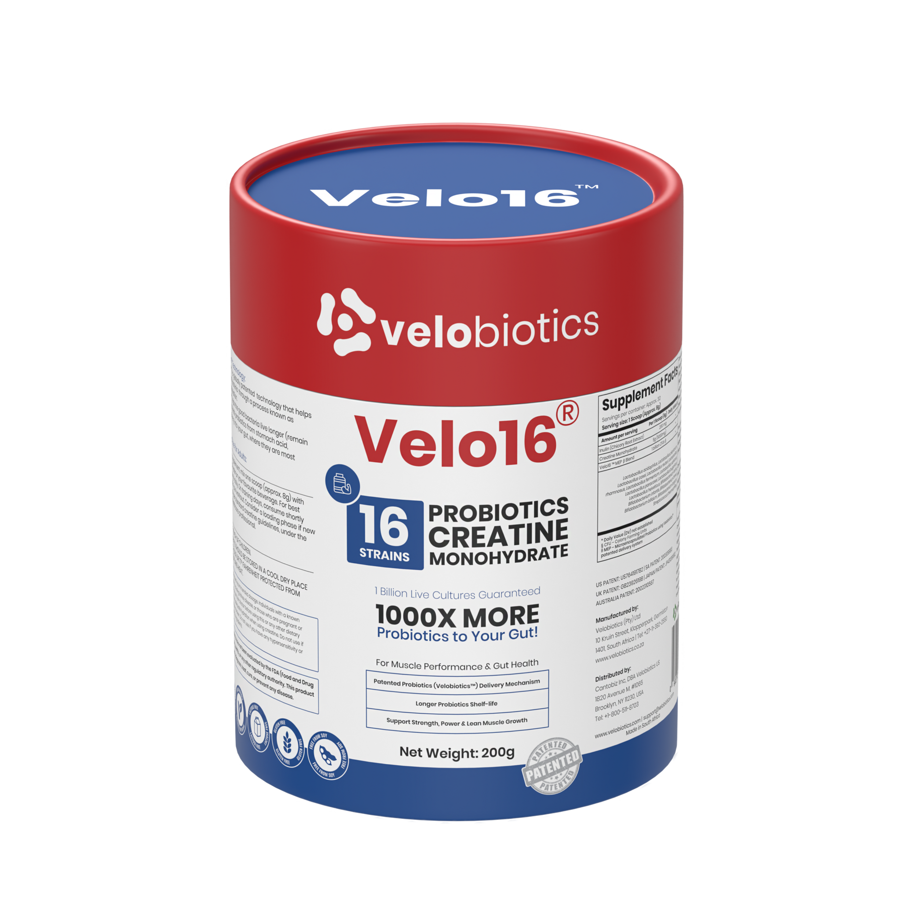 Velo16 Probiotics Creatine Monohydrate supplement powder container promoting muscle performance and gut health with patented probiotic delivery system.