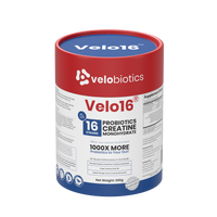 Velo16 Probiotics Creatine Monohydrate supplement powder container promoting muscle performance and gut health with patented probiotic delivery system.