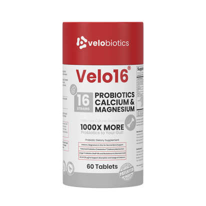 Velo16 Probiotics Calcium & Magnesium supplement bottle with 16 strains, supporting gut health, muscle, and nerve function in 60 tablets.