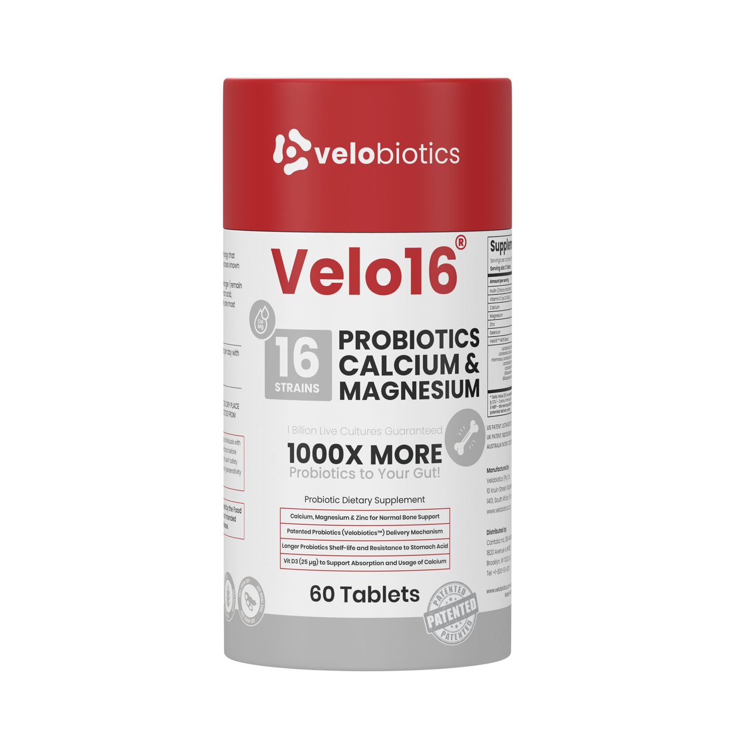 Velo16 Probiotics Calcium & Magnesium supplement bottle with 16 strains, supporting gut health, muscle, and nerve function in 60 tablets.