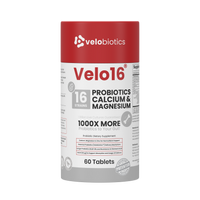 Velo16 Probiotics Calcium & Magnesium supplement bottle with 16 strains, supporting gut health, muscle, and nerve function in 60 tablets.