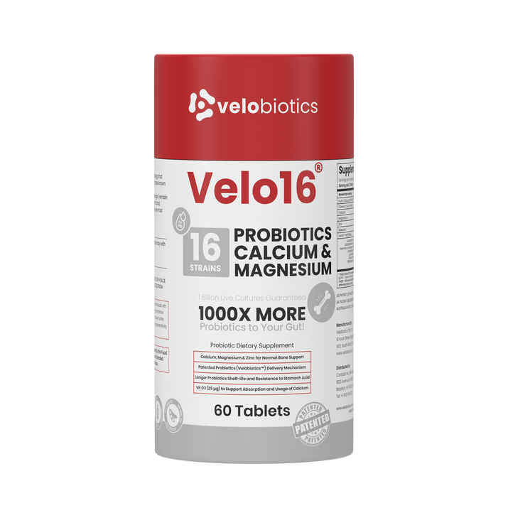 Velo16 Probiotics Calcium & Magnesium supplement bottle with 16 strains, supporting gut health, muscle, and nerve function in 60 tablets.