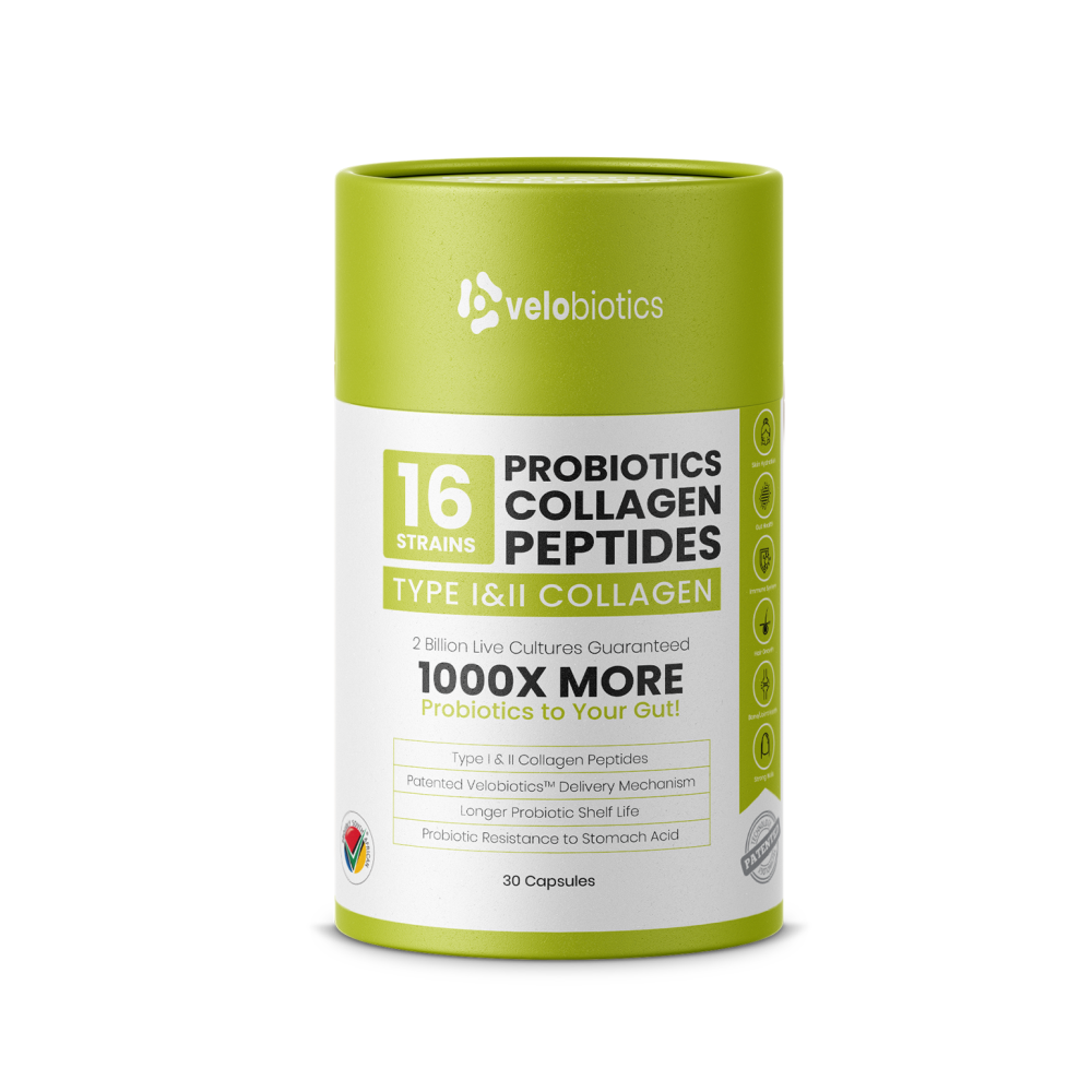 Velobiotics™ Probiotics Collagen Peptides bottle, 30 capsules, combines probiotics and collagen for health and beauty.