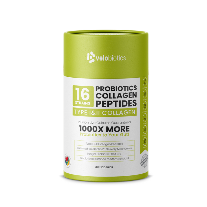 Velobiotics™ Probiotics Collagen Peptides bottle, 30 capsules, combines probiotics and collagen for health and beauty.