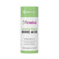 Femina™ Cookie Fresh Boric Acid Suppositories package with 600mg boric acid, promoting vaginal balance and odor control.