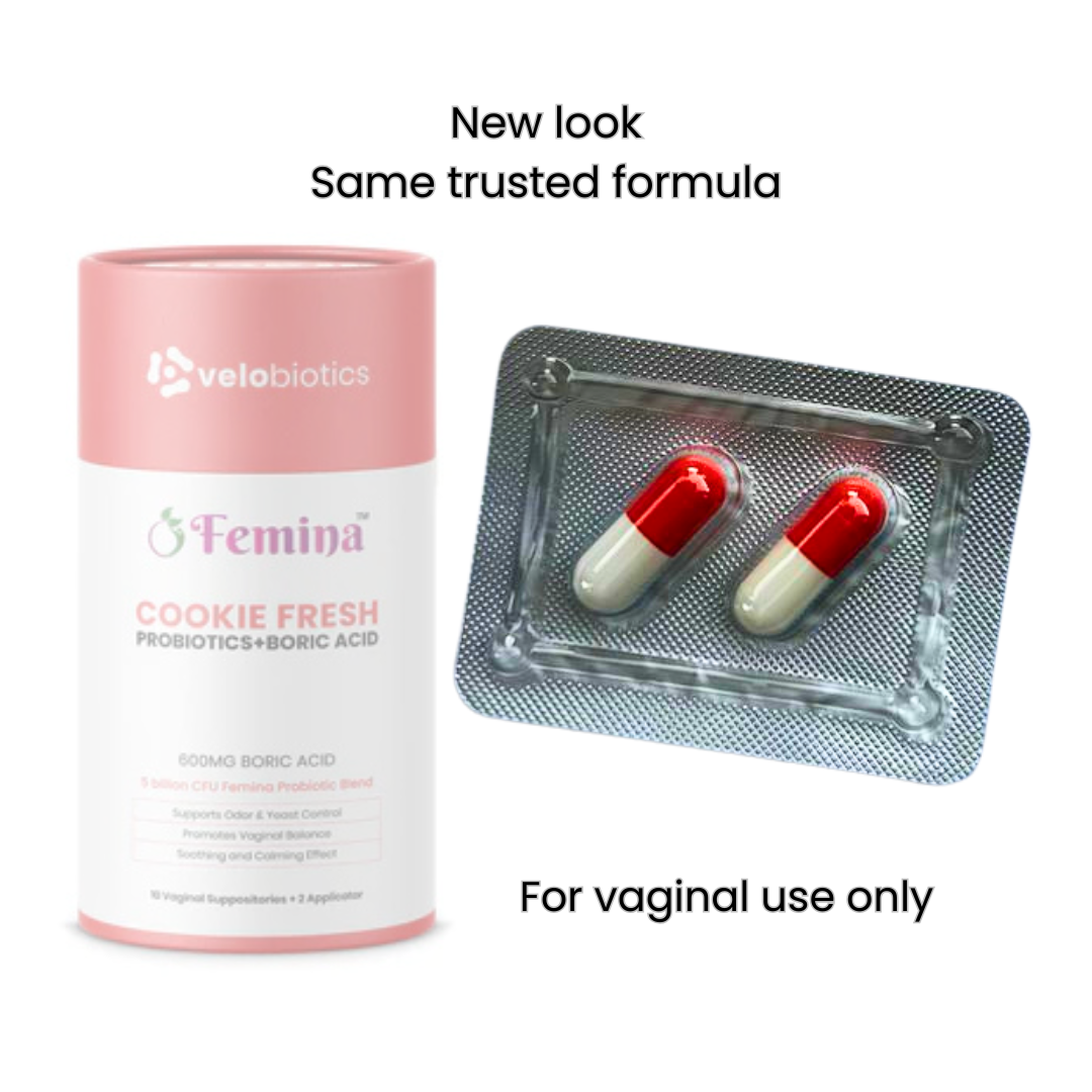 Femina™ Cookie Fresh Probiotics and Boric Acid Suppositories packaging.