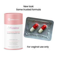 Femina™ Cookie Fresh Probiotics and Boric Acid Suppositories packaging.