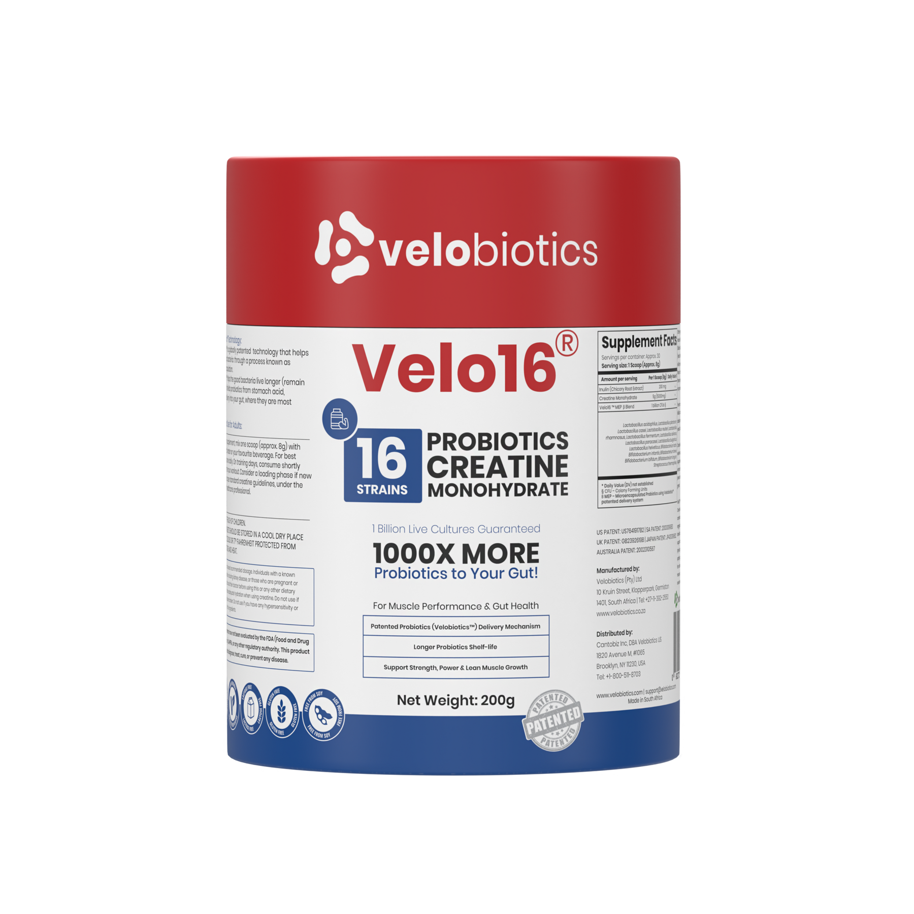 Velo16 Probiotics Creatine Monohydrate powder container for muscle performance and gut health supplement