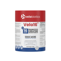 Velo16 Probiotics Creatine Monohydrate powder container for muscle performance and gut health supplement