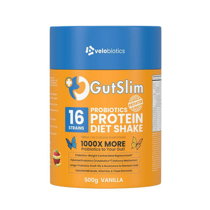 GutSlim Probiotics Diet Shake, 500g vanilla, boosts gut health with 16 probiotic strains and high protein support.