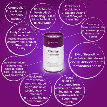 Femina™ Probiotic Capsules with cranberry extract for women's intimate and urinary tract health, featuring 10 probiotic strains and Velobiotics™ technology