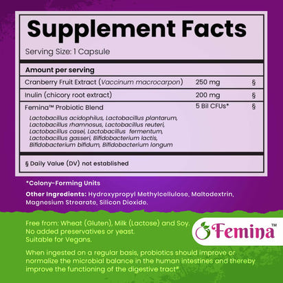 Supplement facts for Femina™ Probiotic Capsules with cranberry extract, highlighting the probiotic blend and additional ingredients.