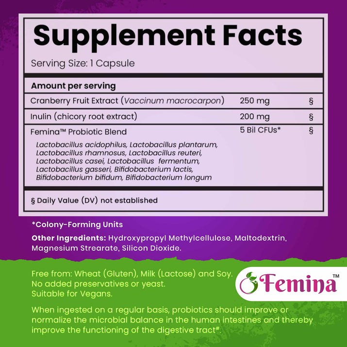 Supplement facts for Femina™ Probiotic Capsules with cranberry extract, highlighting the probiotic blend and additional ingredients.