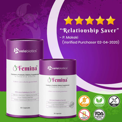 Femina™ Probiotic Capsules with cranberry extract for women's intimate health, balancing vaginal flora, supporting freshness, and preventing infections