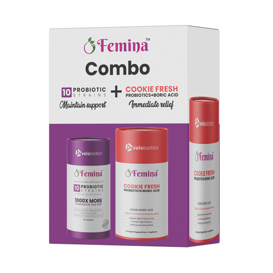 Femina COMBO Care probiotic capsules and Cookie Fresh suppositories for feminine intimate health support and immediate relief.