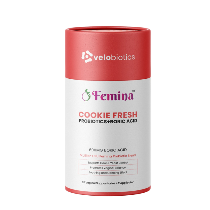Femina Cookie Fresh Probiotics and Boric Acid Suppositories packaging.