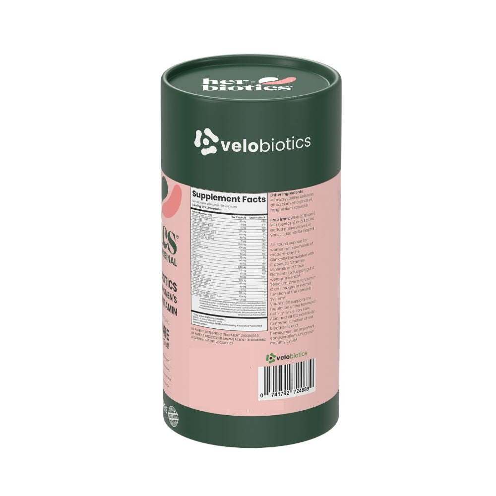 Her-Biotics Original probiotic multivitamin capsules bottle with vibrant design and 60 count