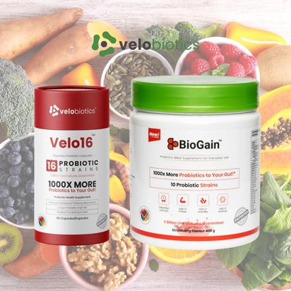 Velo16 Probiotic Digestive Capsules and BioGain Probiotic Meal Replacement with 16 probiotic strains for gut health and immune support