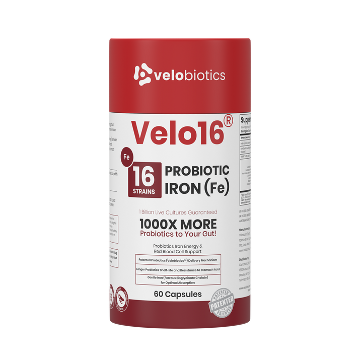 Velo16 Probiotics + Iron supplement bottle with 16-strain probiotics and iron for gut health and immune support