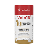 Velo16 Probiotics Lions Mane supplement bottle with 16 strains for gut health and cognitive support, 60 capsules.