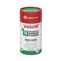 Velo16 Probiotics Moringa Powder supplement bottle with 16 strain probiotic blend and natural antioxidant support in capsules