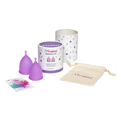 Femina Menstrual Cups set with eco-friendly packaging, purple cups, and storage pouch.