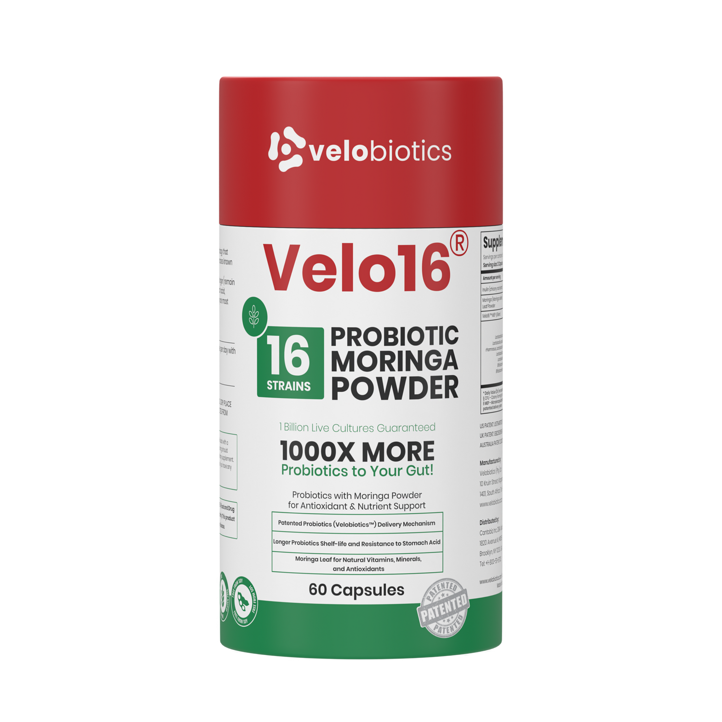Velo16 Probiotics Moringa powder capsules with 16 strains for gut health and antioxidant support, 60 count bottle