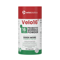 Velo16 Probiotics Moringa powder capsules with 16 strains for gut health and antioxidant support, 60 count bottle