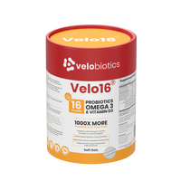 Velo16 Probiotics supplement container with Omega 3 and Vitamin D3 for gut health and cognitive support