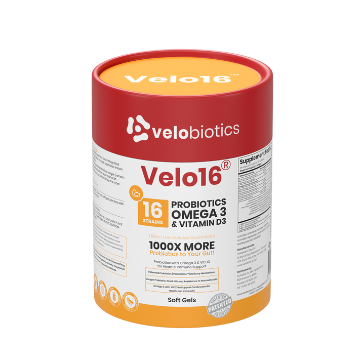 Velo16 Probiotics supplement container with Omega 3 and Vitamin D3 for gut health and cognitive support