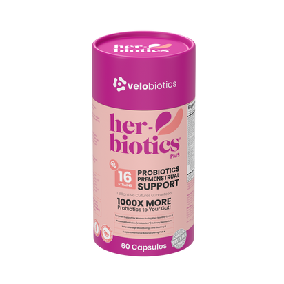 Her-Biotics PMS Support probiotic supplement for premenstrual symptom relief and hormonal balance, 60 capsules.