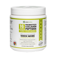 Probiotics Collagen Peptides powder container with Velobiotics branding, offering gut health and skin benefits.