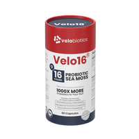 Velo16 Probiotics Sea Moss supplement bottle with 16 probiotic strains and sea moss for gut, thyroid, and mineral support